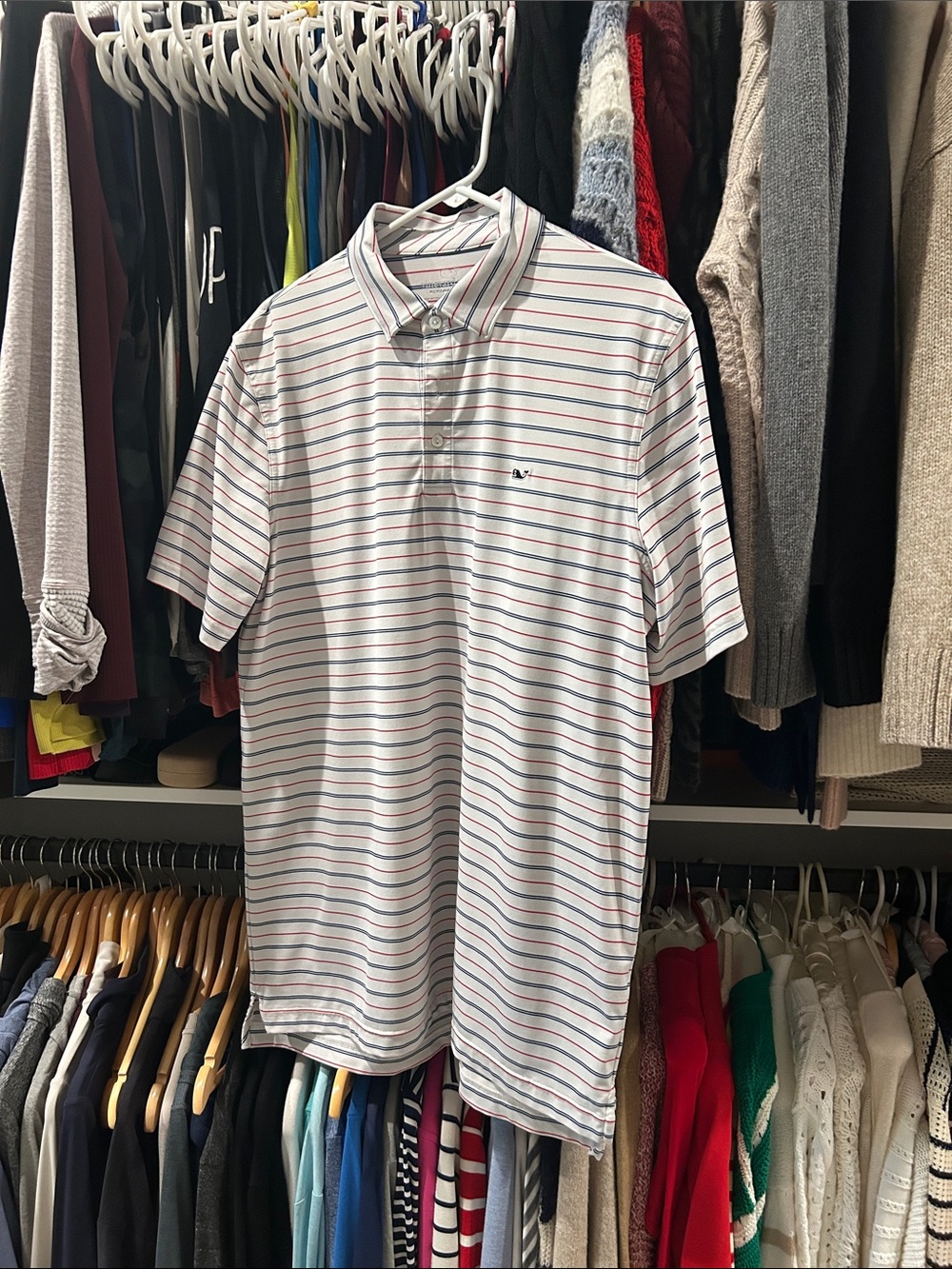 Vineyard Vines White Polo with Thin Multi-Color Stripes